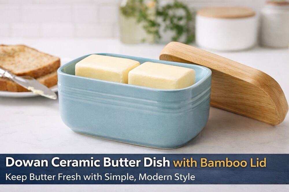Large DOWAN Ceramic Butter Dish Wood Lid Turquoise 6.5" x 3.5" Classic Simple